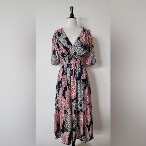 Women’s Navy Floral Midi Dress with Puff Sleeves